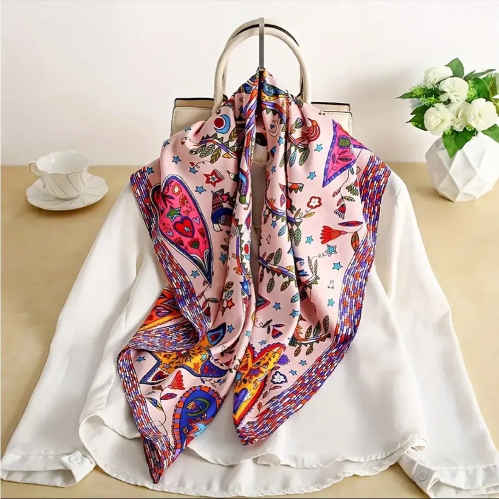 Boho Square Scarf – Pink Floral & Bird Print – Lightweight Chic Wrap – NWT - Picture 3 of 9